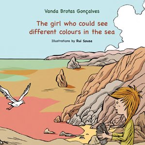 Front cover of book with a girl and a sea bird with a colourful coastal landscape